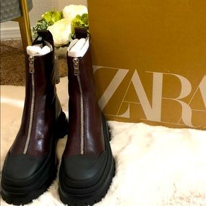 Treaded low heel leather ankle boots